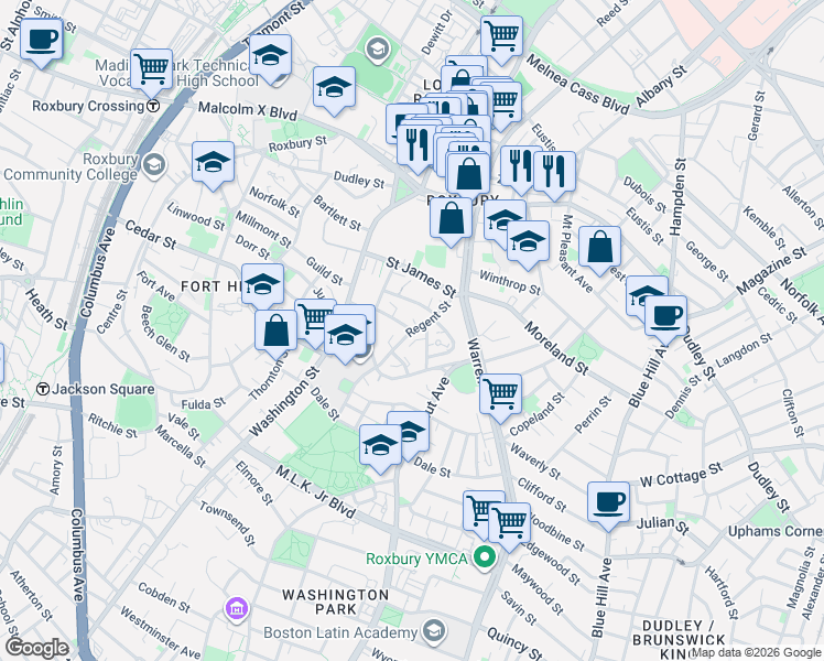 map of restaurants, bars, coffee shops, grocery stores, and more near 19 Akron Street in Boston