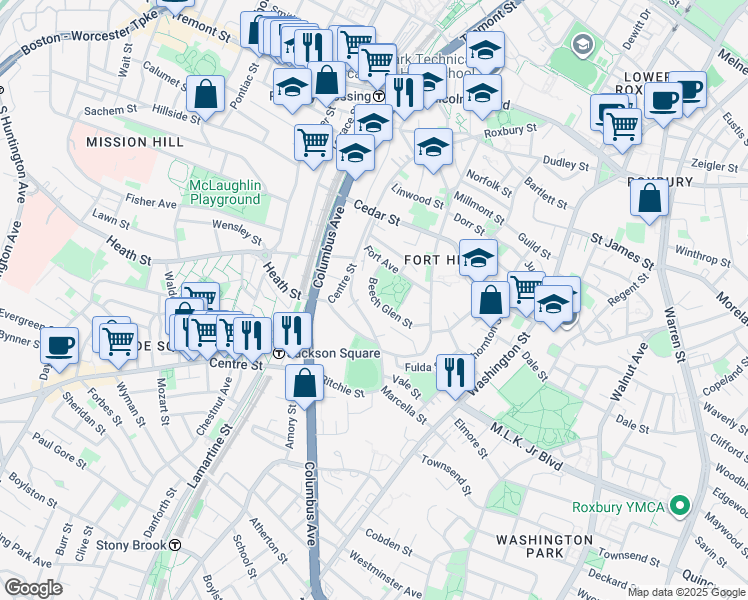 map of restaurants, bars, coffee shops, grocery stores, and more near 21 Beech Glen Street in Boston