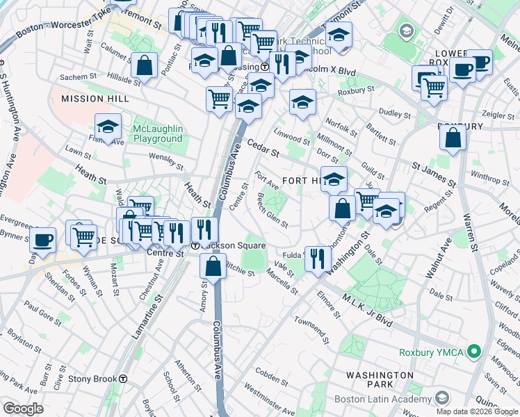 map of restaurants, bars, coffee shops, grocery stores, and more near 21 Beech Glen Street in Boston