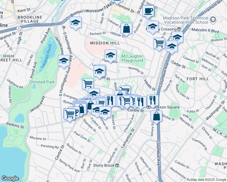 map of restaurants, bars, coffee shops, grocery stores, and more near 15-15R Walden Street in Boston