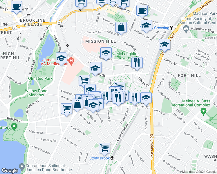 map of restaurants, bars, coffee shops, grocery stores, and more near 15-15R Walden Street in Boston