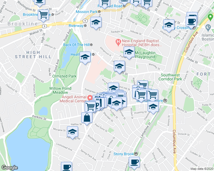 map of restaurants, bars, coffee shops, grocery stores, and more near 4 Grotto Glen Road in Boston
