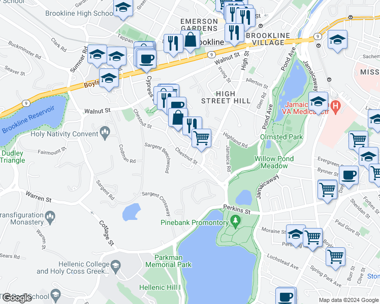map of restaurants, bars, coffee shops, grocery stores, and more near 100 Franklin Street in Brookline
