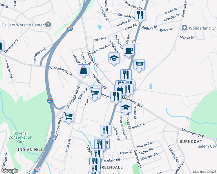 map of restaurants, bars, coffee shops, grocery stores, and more near 12 Malden Street in Worcester