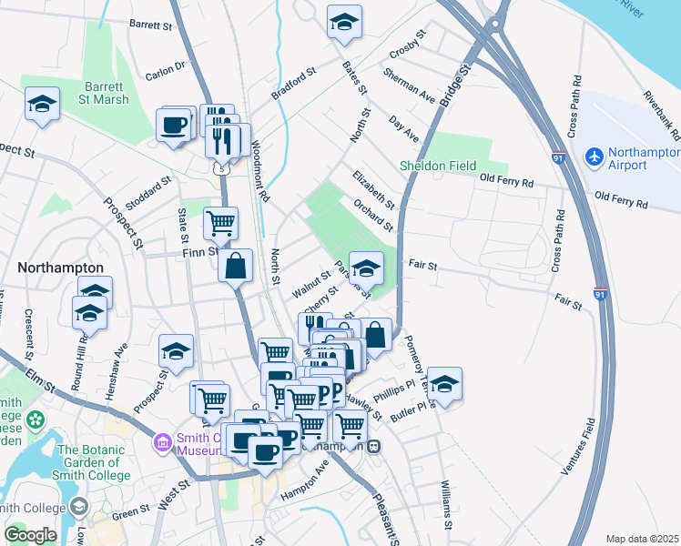 map of restaurants, bars, coffee shops, grocery stores, and more near 34 Parsons Street in Northampton
