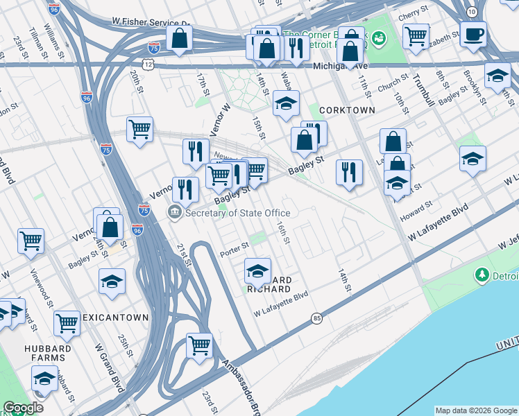 map of restaurants, bars, coffee shops, grocery stores, and more near 1488 17th Street in Detroit