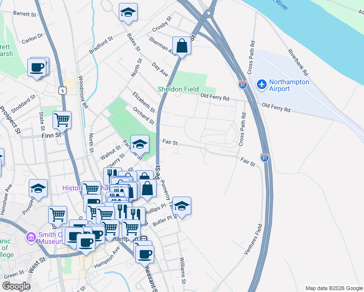 map of restaurants, bars, coffee shops, grocery stores, and more near 31 Fair Street in Northampton
