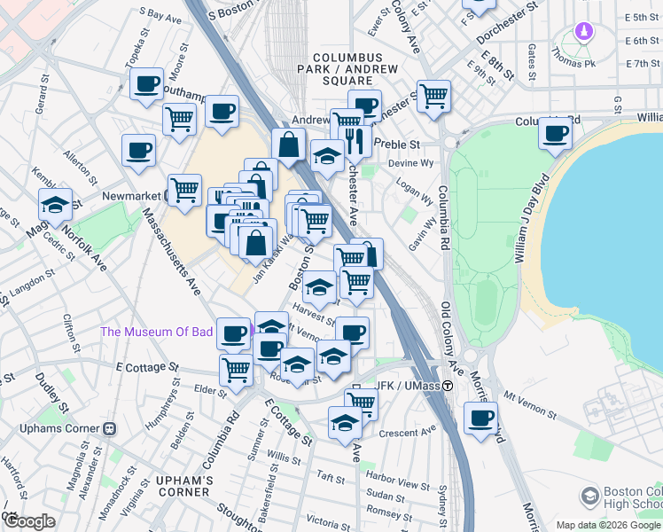 map of restaurants, bars, coffee shops, grocery stores, and more near 26 Washburn Street in Boston