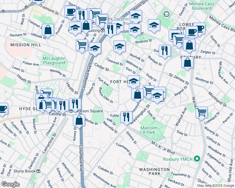 map of restaurants, bars, coffee shops, grocery stores, and more near 17 Fort Avenue in Boston