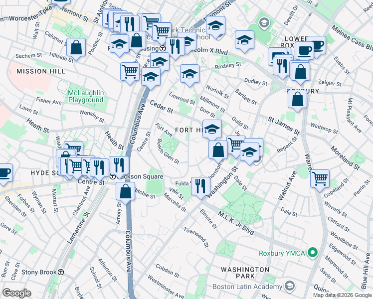 map of restaurants, bars, coffee shops, grocery stores, and more near 17 Fort Avenue in Boston