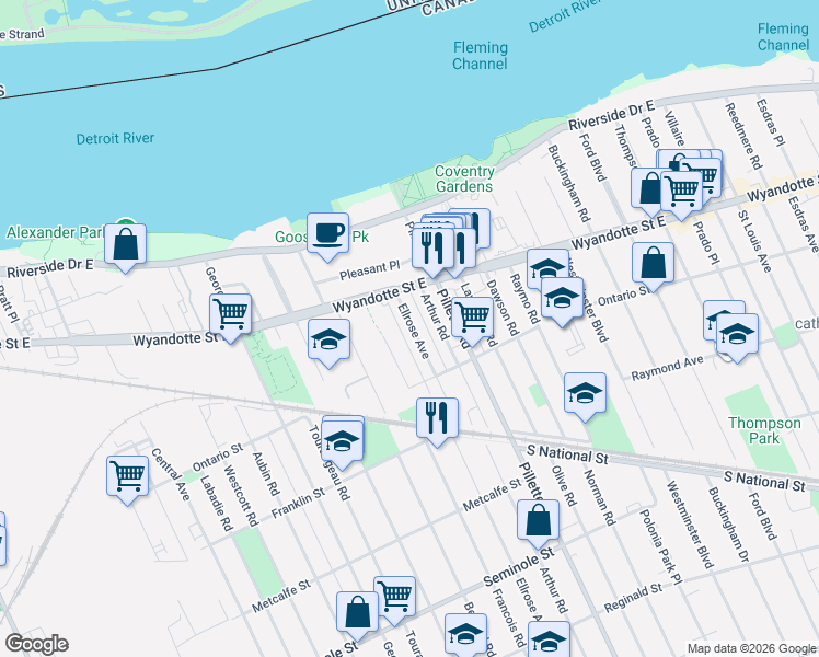 map of restaurants, bars, coffee shops, grocery stores, and more near 819 Ellrose Avenue in Windsor