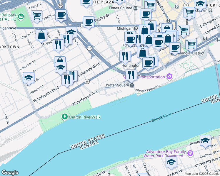 map of restaurants, bars, coffee shops, grocery stores, and more near 1030 West Jefferson Avenue in Detroit