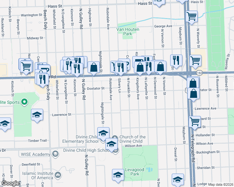 map of restaurants, bars, coffee shops, grocery stores, and more near 25040 Doxtator Street in Dearborn