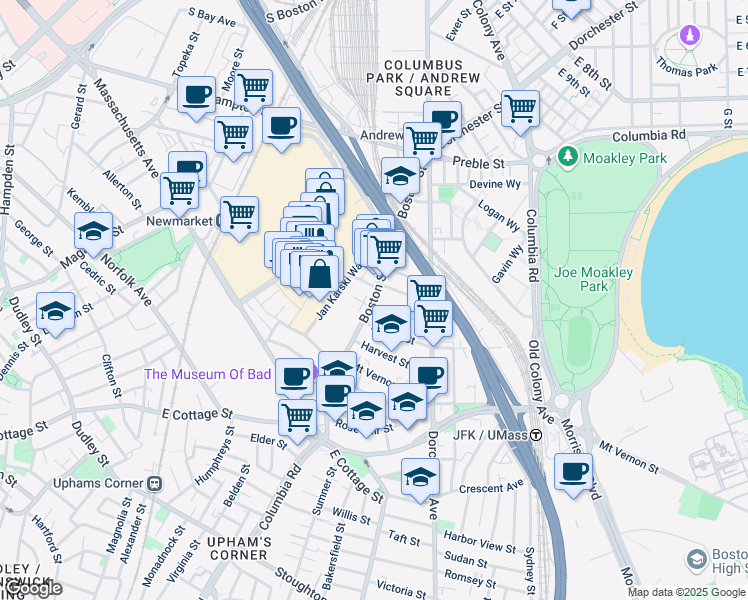 map of restaurants, bars, coffee shops, grocery stores, and more near Boston Street in Boston