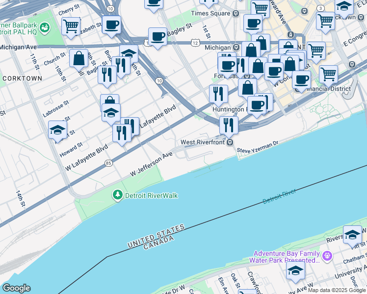 map of restaurants, bars, coffee shops, grocery stores, and more near Riverfront Drive in Detroit