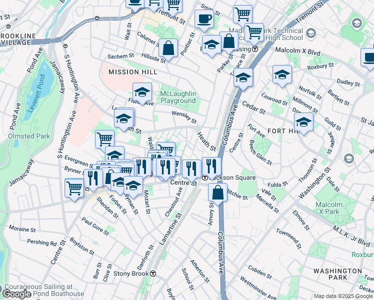 map of restaurants, bars, coffee shops, grocery stores, and more near 30 Bickford Street in Boston