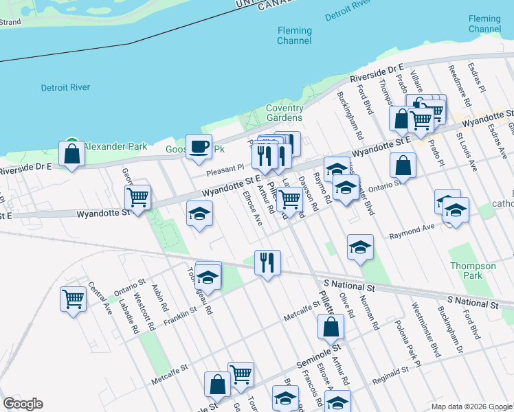 map of restaurants, bars, coffee shops, grocery stores, and more near 819 Ellrose Avenue in Windsor