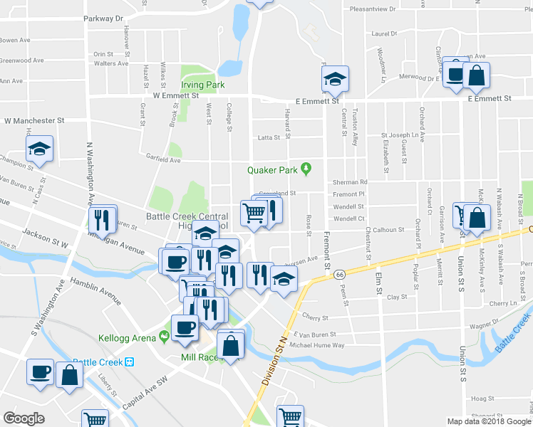 map of restaurants, bars, coffee shops, grocery stores, and more near 27 Franklin Street in Battle Creek