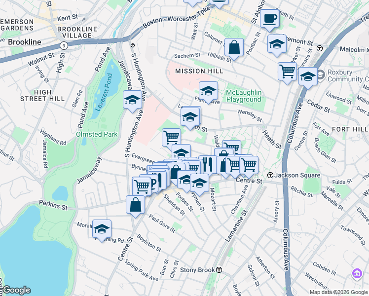 map of restaurants, bars, coffee shops, grocery stores, and more near 57 Round Hill Street in Boston
