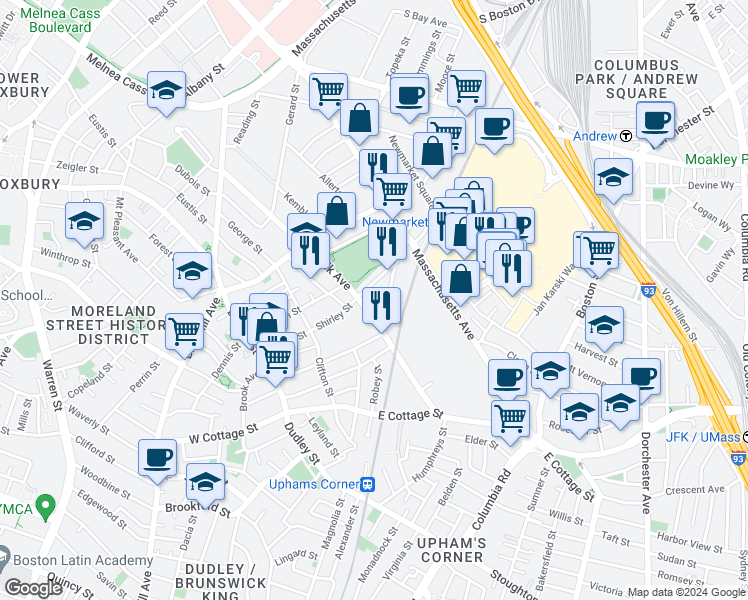 map of restaurants, bars, coffee shops, grocery stores, and more near 8 Shetland Street in Boston