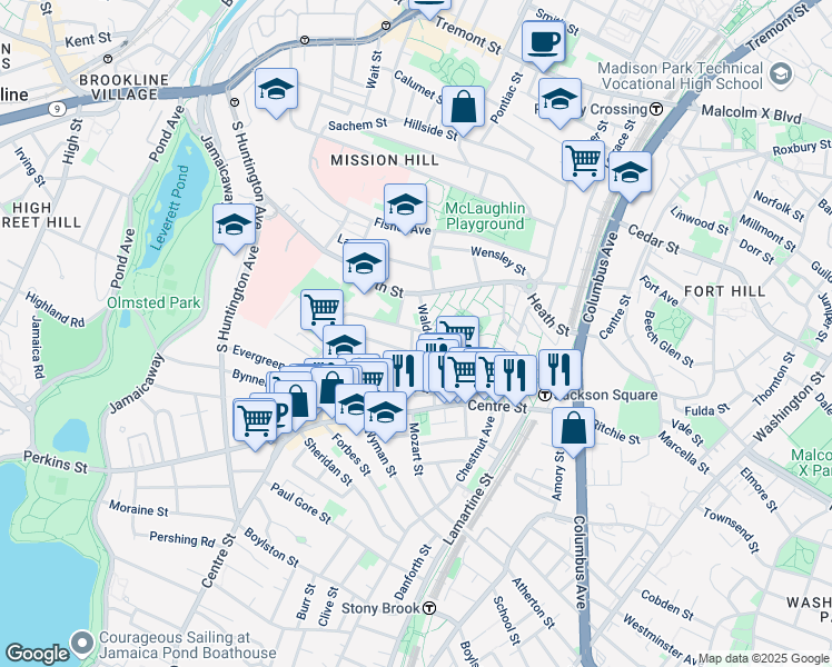 map of restaurants, bars, coffee shops, grocery stores, and more near 15-15R Walden Street in Boston