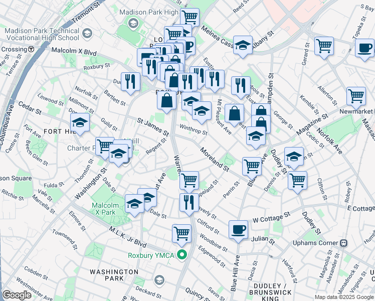 map of restaurants, bars, coffee shops, grocery stores, and more near 18A Rockville Park in Boston