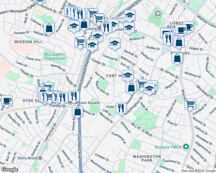 map of restaurants, bars, coffee shops, grocery stores, and more near 17 Fort Avenue in Boston