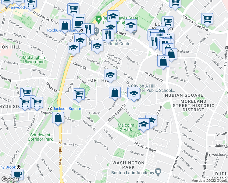 map of restaurants, bars, coffee shops, grocery stores, and more near Cedar St & Hawthorne St in Boston