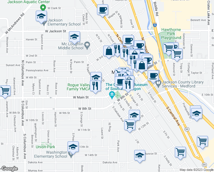 map of restaurants, bars, coffee shops, grocery stores, and more near W 6th St & N Ivy St in Medford