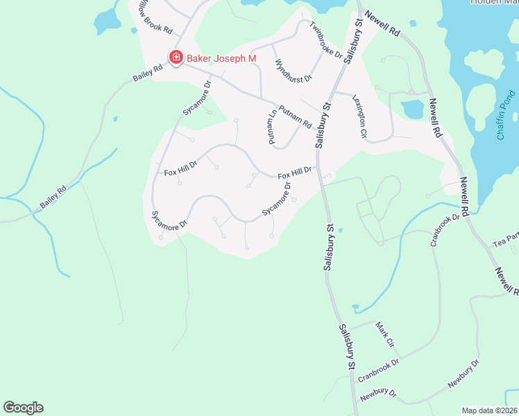 map of restaurants, bars, coffee shops, grocery stores, and more near 55 Sycamore Drive in Holden