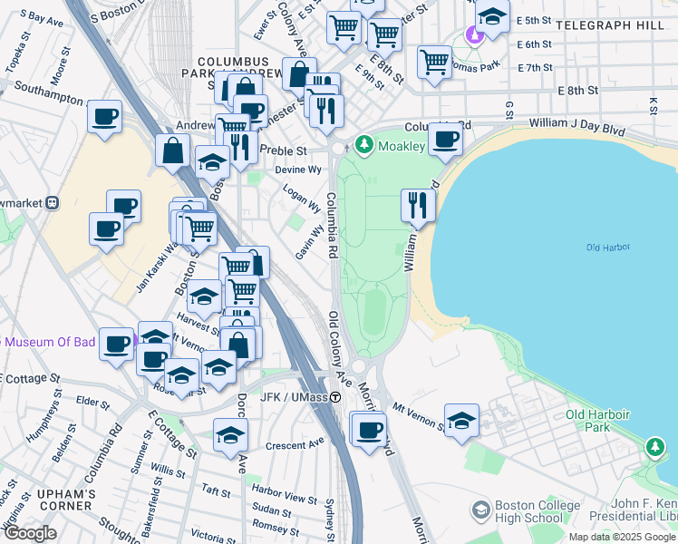 map of restaurants, bars, coffee shops, grocery stores, and more near 396-424 Old Colony Ave in Boston