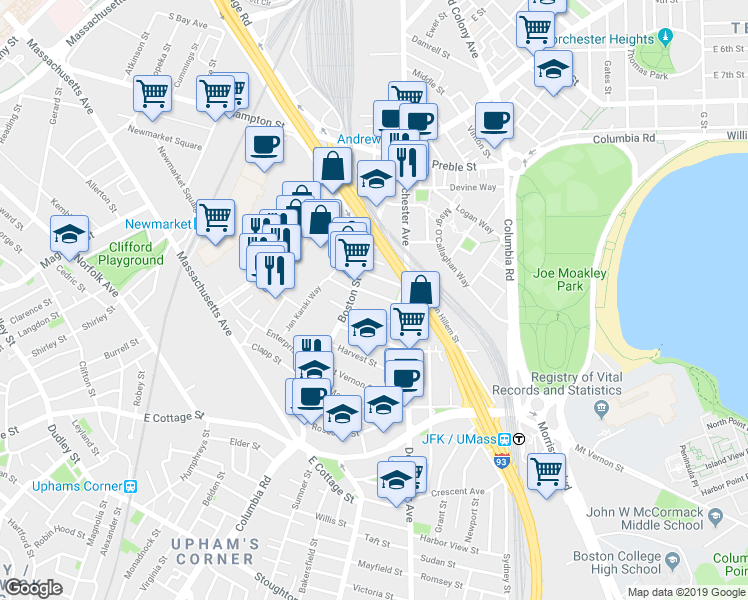 map of restaurants, bars, coffee shops, grocery stores, and more near 26 Washburn Street in Boston