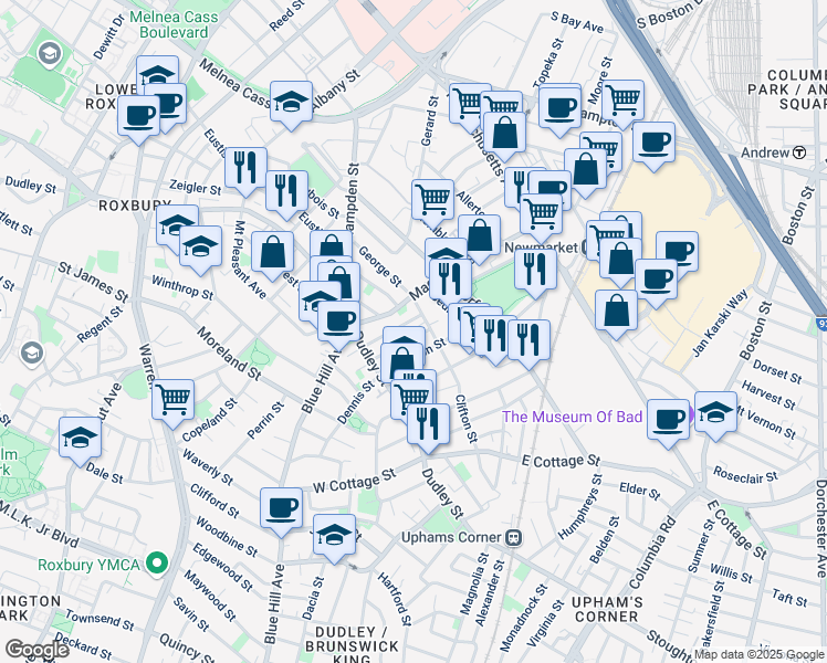 map of restaurants, bars, coffee shops, grocery stores, and more near 44 Woodward Avenue in Boston