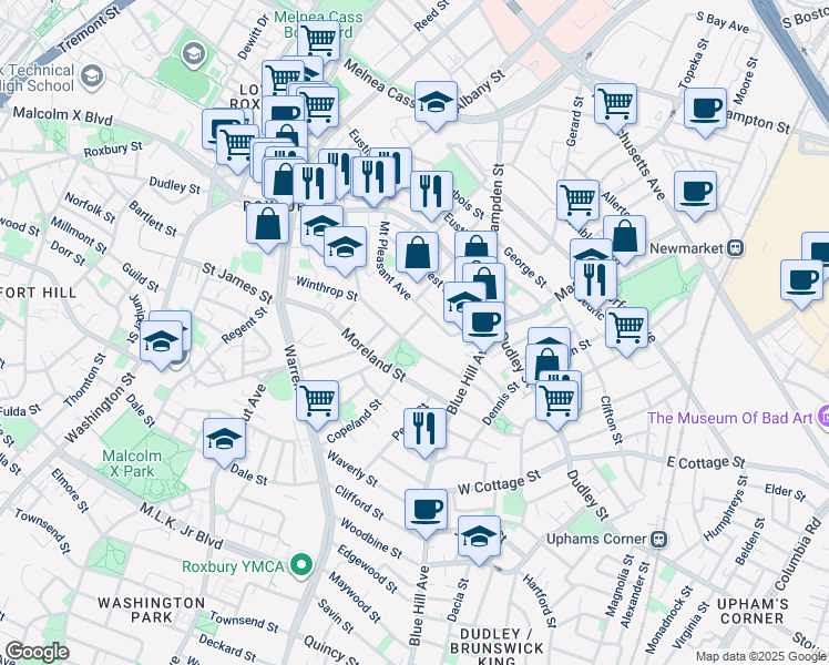 map of restaurants, bars, coffee shops, grocery stores, and more near 98 Mount Pleasant Avenue in Boston