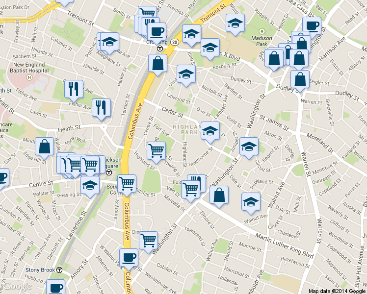 map of restaurants, bars, coffee shops, grocery stores, and more near 17 Fort Avenue in Boston