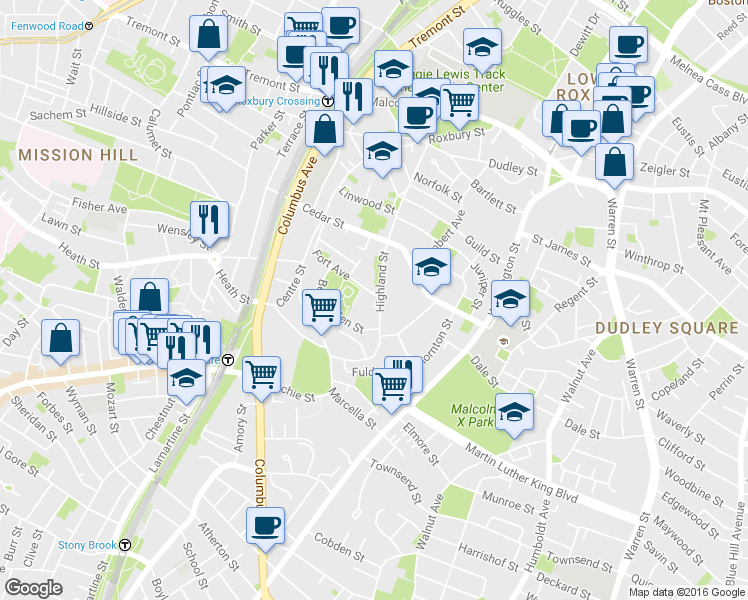 map of restaurants, bars, coffee shops, grocery stores, and more near 17 Fort Avenue in Boston