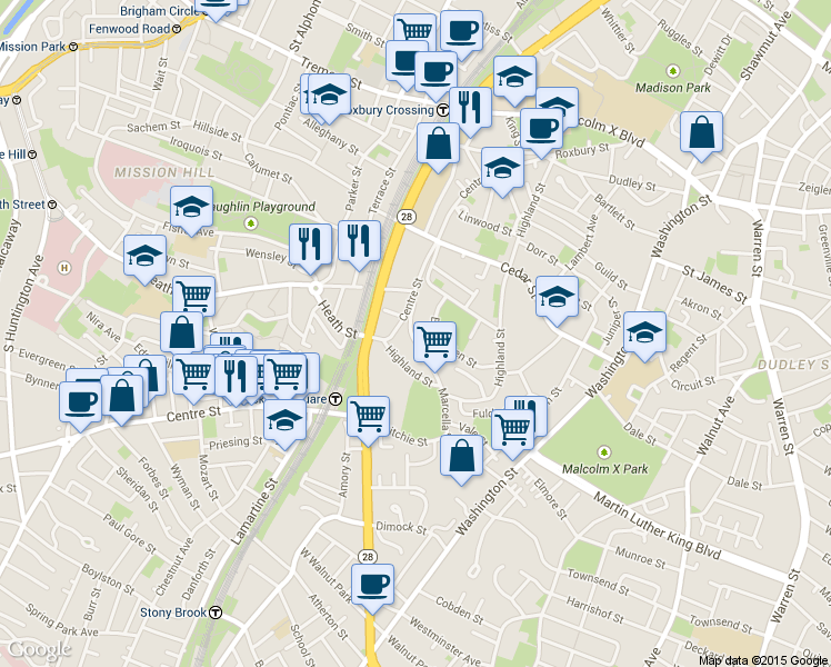 map of restaurants, bars, coffee shops, grocery stores, and more near 142 Centre Street in Boston