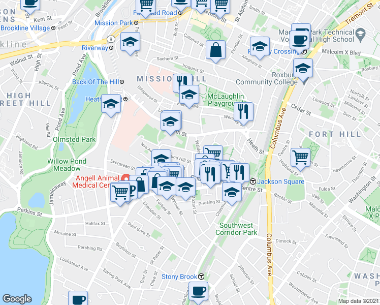 map of restaurants, bars, coffee shops, grocery stores, and more near 15-15R Walden Street in Boston