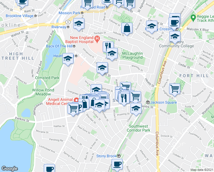 map of restaurants, bars, coffee shops, grocery stores, and more near 22 Schiller Street in Boston