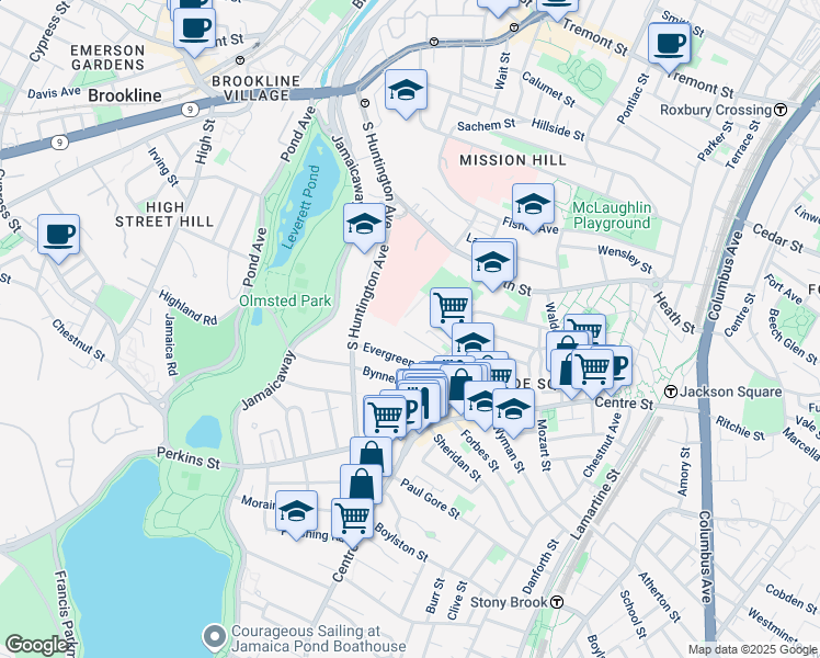 map of restaurants, bars, coffee shops, grocery stores, and more near 25 Kenney Street in Boston