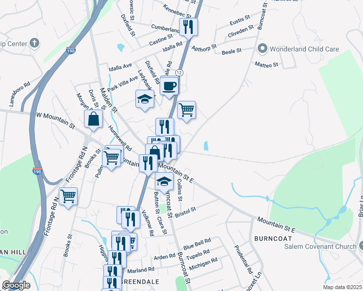 map of restaurants, bars, coffee shops, grocery stores, and more near 574 Burncoat Street in Worcester