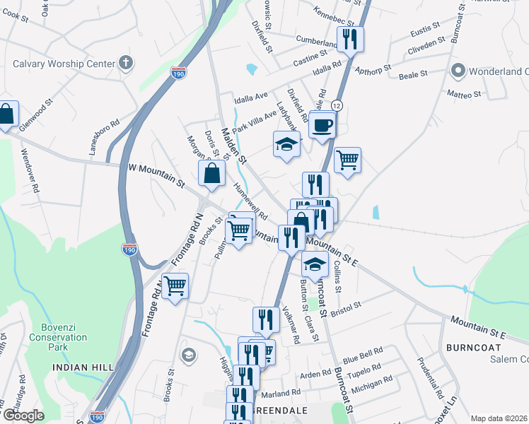 map of restaurants, bars, coffee shops, grocery stores, and more near 7 Chambers Street in Worcester
