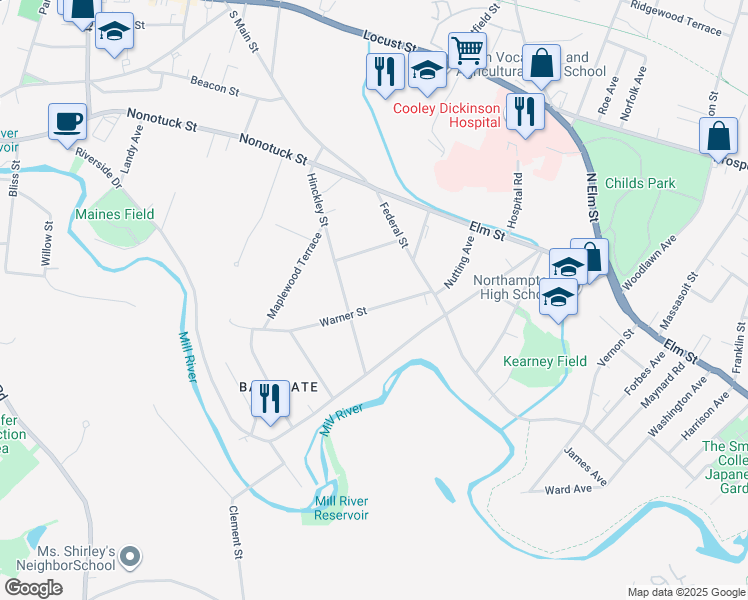 map of restaurants, bars, coffee shops, grocery stores, and more near 47 Warner Street in Northampton