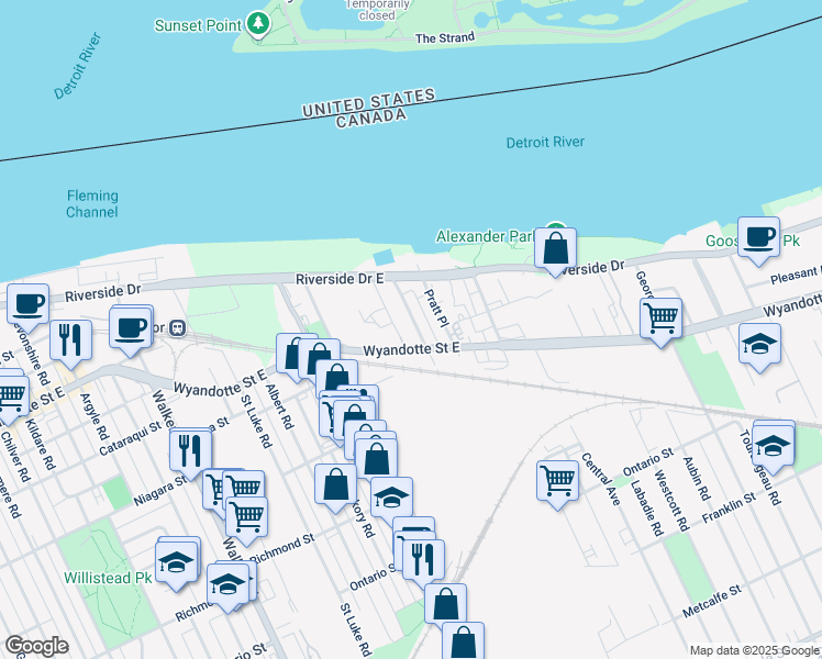 map of restaurants, bars, coffee shops, grocery stores, and more near in Windsor