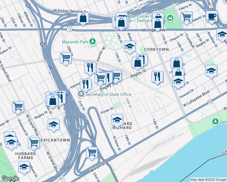 map of restaurants, bars, coffee shops, grocery stores, and more near 2545 Bagley Street in Detroit