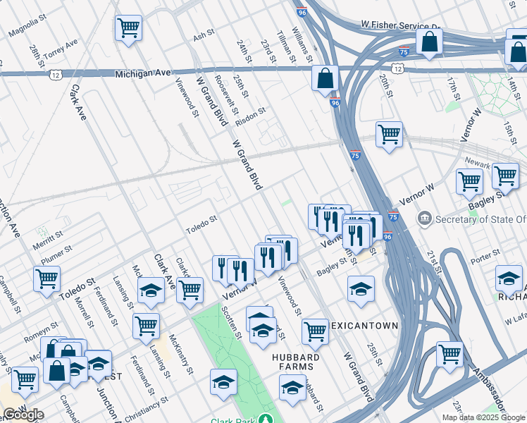 map of restaurants, bars, coffee shops, grocery stores, and more near in Detroit