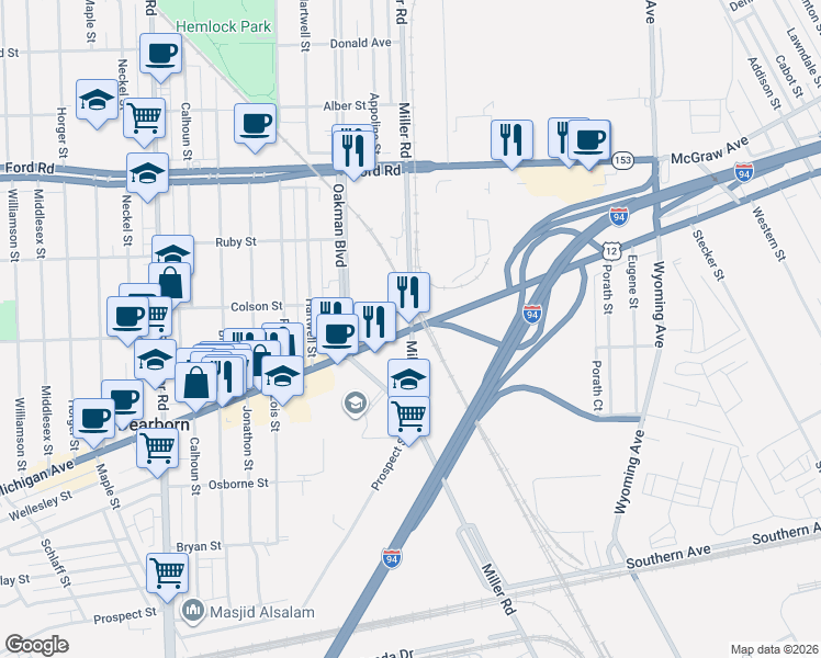 map of restaurants, bars, coffee shops, grocery stores, and more near 5598 Miller Road in Dearborn
