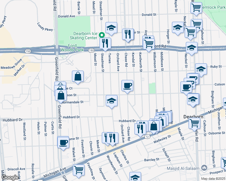 map of restaurants, bars, coffee shops, grocery stores, and more near 5161 Orchard Avenue in Dearborn