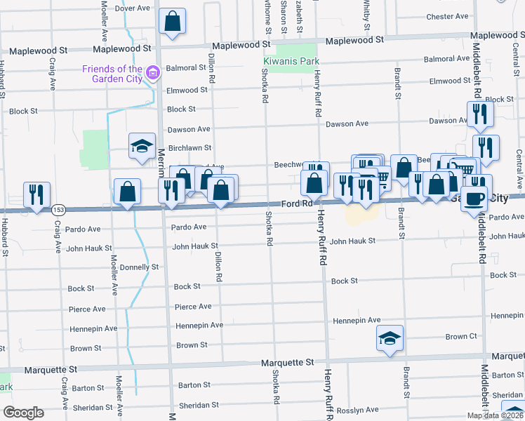 map of restaurants, bars, coffee shops, grocery stores, and more near in Garden City