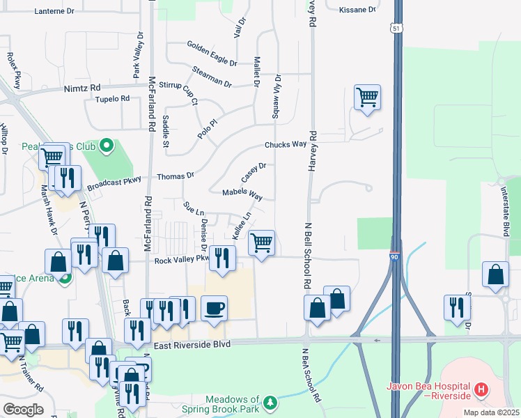 map of restaurants, bars, coffee shops, grocery stores, and more near 7352 Mabels Way in Loves Park